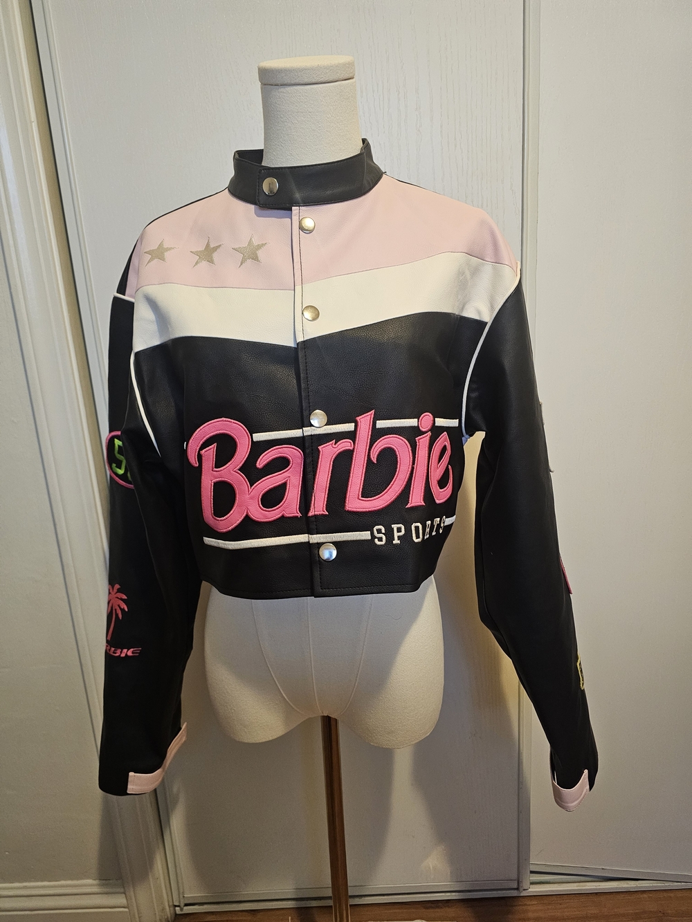 Barbie Sport Cropped Varsity Jacket in Black & Pink